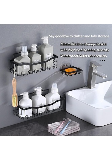 Dancemonkey 5'li Set 6 Kancalı Karbon Çelik Banyo Drenaj Rafı - Yumruksuz Depolama Sepeti Gümüş