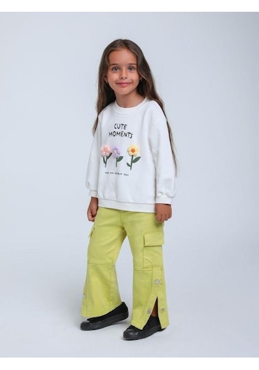 Kız Çocuk Örgü Çiçek Desenli Sweatshirt-14297 Beyaz
