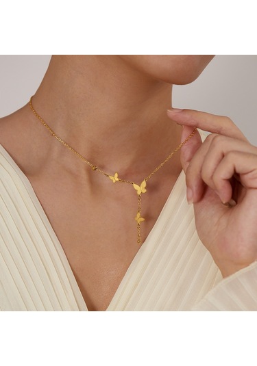 Sones Opk Gx2440 Kelebek Püskül Kolye Paslanmaz Çelik Zincir Altın