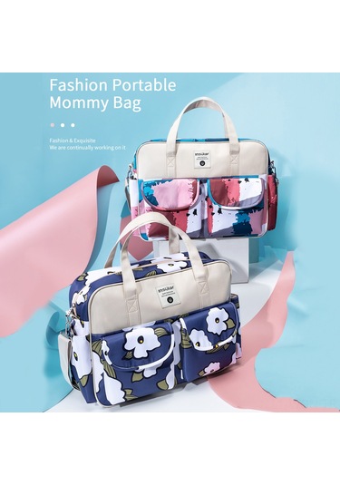 Neevoyu Insular Bebek Bezi Çantası 6067 - Taşınabilir Çift Taraflı Askılı Çanta, Dayanıklı 210d Poliester, Çoklu Cep, Siyah Petal Desenli Siyah