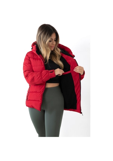 Kadın Kırmızı Kapüşonlu Içi Polarlı Kürklü Su Geçirmez Rüzgara Dayanıklı Şişme Mont Kaban Parka Kırmızı