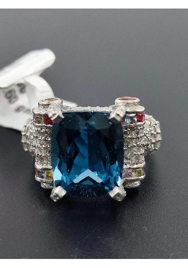 925 Gümüş Mavi Topaz Elmas Tasarım Yüzük 308