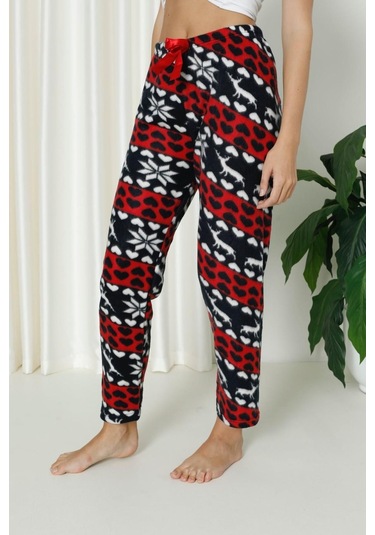 Luxury Soft Welsoft Polar Desenli Kurdeleli Kışlık Pijama Altı Pantolon Lacivert Kırmızı Lacivert - Kırmızı