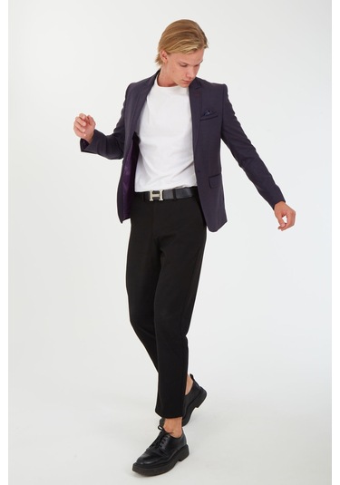 Sposo G-211 Dar Kalıp Desenli Lacivert Erkek Blazer Ceket Lacivert