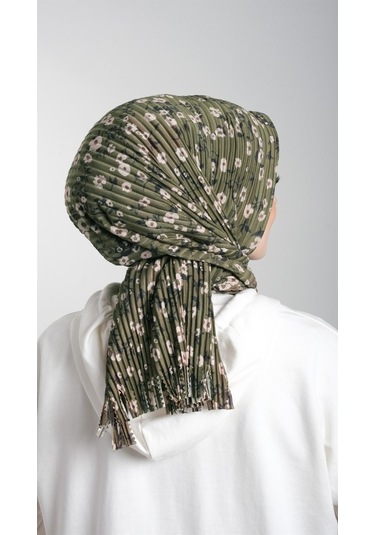 Haki Pratik Hazır Geçmeli Tesettür Eşarp Kesik Elyaf Piliseli Çiç (553630037) Haki