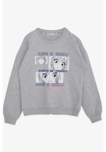 Breeze Kız Çocuk Sweatshirt Şaşkın Kız Baskılı 9-14 Yaş, Gri Melanj Gri
