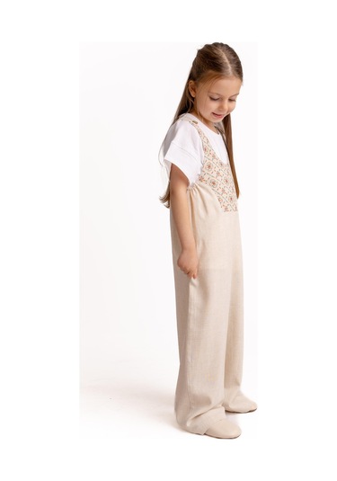 Cigit Roba Komple Nakışlı Keten Salopet 2-7 Yaş Naturel Beyaz