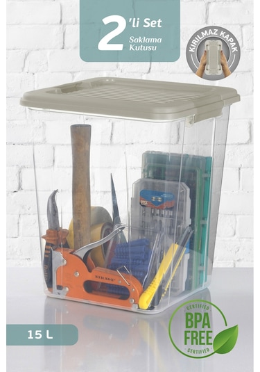 2'li Megabox 15l Saklama Kabı - Kilitli Kapaklı Çok Amaçlı Düzenleyici Kiler Depolama Saklama Kutusu Bej