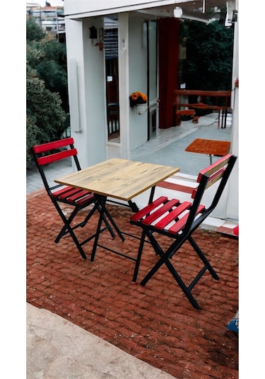 Balkon Bahçe Mutfak 3'lü Bistro Set Katlanır Masa Sandalye 60x60 Kırmızı