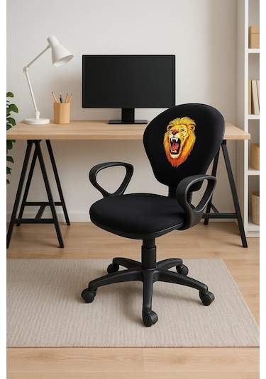 Gs Aslan Taraftar Temalı Sarı-kırmızı Çocuk Çalışma Koltuğu Ofis Koltuğu Tekerlekli Sandalye Siyah