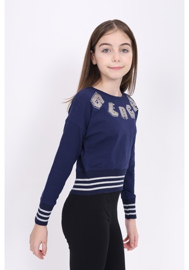 Toontoy Kız Çocuk Sweatshirt Black Varak Baskılı Lacivert