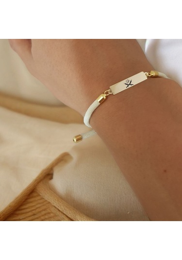 Archin Zülfikar Temalı 14 Ayar Altın Plakalı Dikdörtgen Figürlü Beyaz Örgülü Hediye Bileklik-413sembol Zülfikar-adalet