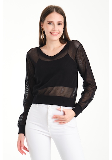 V Yaka Petek File Bluz Siyah