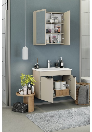 Biani Fix Loft 75 Cm Banyo Dolabı,Seramik Lavabolu, Aynalı,Lavabo Dahil,Mdf,Latte