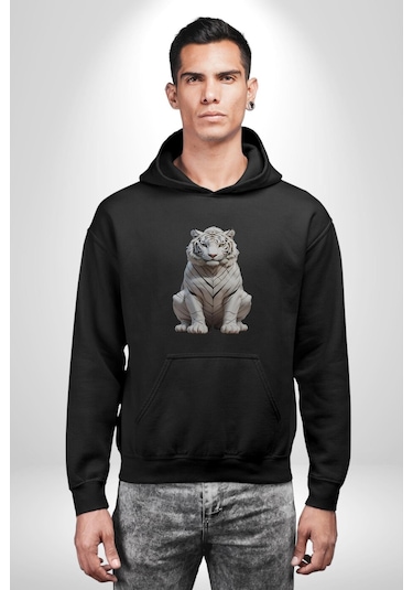 Beyaz Kaplan Kadın Erkek Siyah Kapüşonlu Sweatshirt Hoodie Siyah