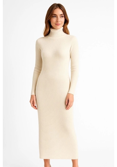 Kadın Boğazlı Triko Elbise Uzun Fitilli Esnek Dokuma, Tam Kalıp, Kışlık & Baharlık Şık Rahat Stil, Beyaz