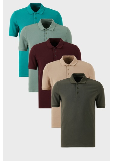 Buratti Pamuklu Regular Fit Düğmeli Polo Yaka 5'Li Paket Erkek T Shirt 5902127S5 Vişne-Haki-Benetton-Elma Yeşil-Vizon