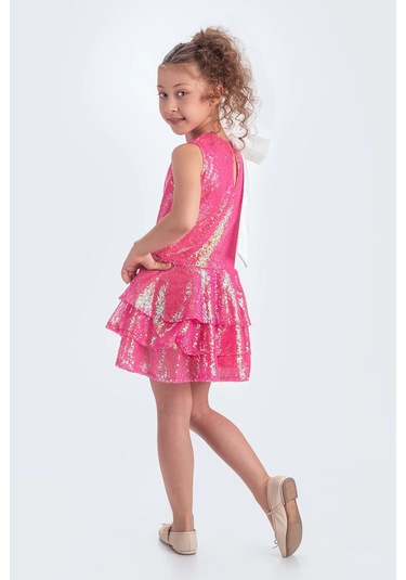 Etekli Şık Elbise Pullu 3 Kat Fuşya