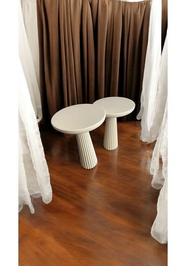 Wood Wooden Ahşap Krem Renk 2'li Set Mantar Yan Sehpa Fiskos