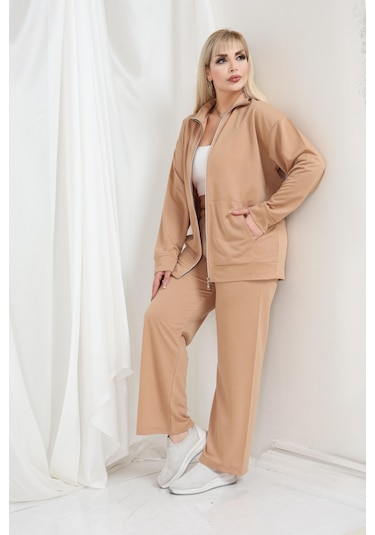 Kadın Büyük Beden Fermuarlı Uzun Kollu Rahat Günlük Eşofman Takım Camel