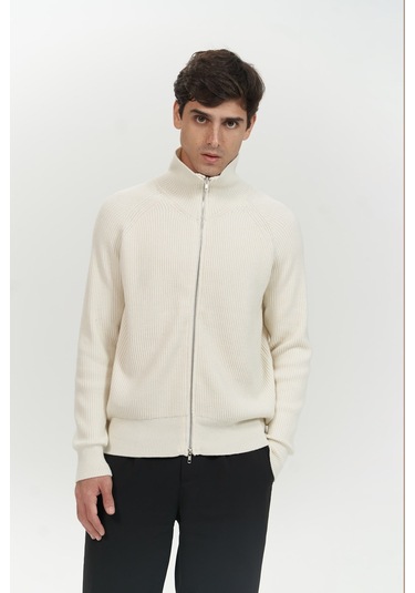 Brock Tam Fermuarlı Ekru Erkek Triko Kazak Ekru