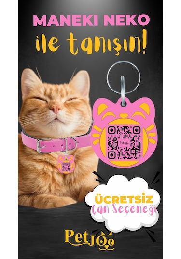 Petjoo 4.Maneki Neko Sarı-Pembe Qr'lı Kedi Künyesi