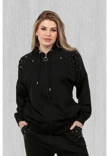 Taş Baskılı İncili Eşofman Takım Siyah