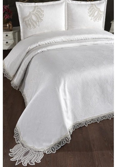 Çeyiz Diyarı Fransız Dantelli Velmora Çift Kişilik Yatak Örtüsü 230x250 Cm Krem