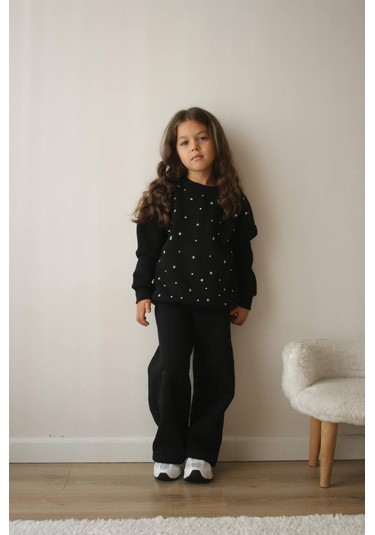 Kız Çocuk Siyah 3 İplik Şardonlu Takım Yıldız Desenli Sweatshirt & Rahat Eşofman Altı Siyah