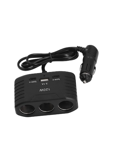 3 Lü Çakmak Soketi 120w Çakmaklık Çoğaltıcı 2 Usb 1 Type-c Araç Şarj Cihazı Çakmak Çoklayıcı