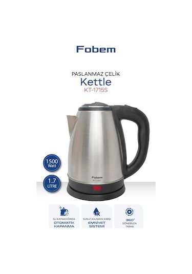 Fobem KT1715 S Saplı Uzun Ömürlü 1.5 L Paslanmaz Çelik Su Isıtıcı Kettle