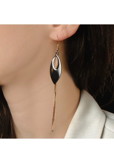 Lekka Design Sallantılı Zincir Siyah Damla Çelik Kadın Rose Küpe Rose Gold