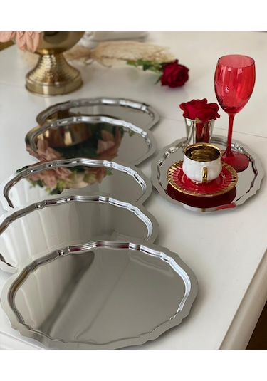 Paslanmaz Celik 6 Adet Oval Dalgali Servis Ve Sunum Tepsisi Gümüş