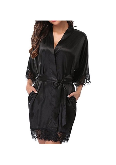 Sones Yarım Kollu Bornoz Kadın Sahte İpek Pijama Gece Elbisesi Gri