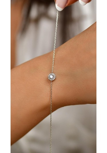 Roza Silver Zirkon Taşlı Rodyum Tektaş Anturaj Minimal Gümüş Bileklik