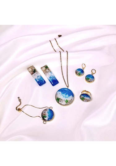 Altın Kaplama Çelik Kolye Küpe Bileklik Yüzük ve Saç tokası Mavi