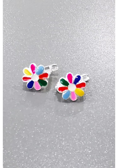 Omar Silver Çocuk Renkli Mineli Klipsli Papatya Gümüş Küpe