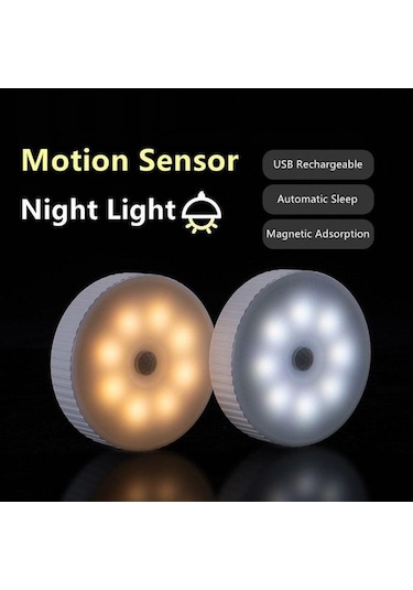 Jms Beyaz Şarj Edilebilir Led Hareket Sensörü Usb Led Gece Lambası Kablosuz Enerji Tasarruflu Beyaz