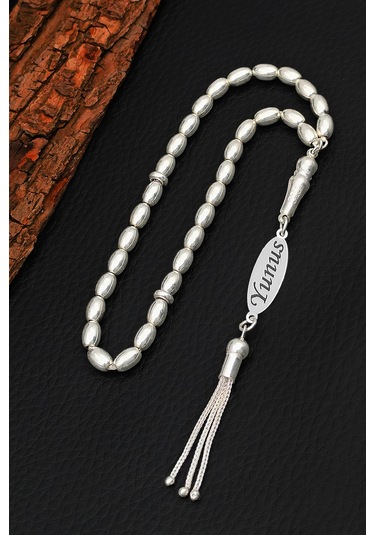 İsimli Gümüş Tesbih Arpa Kesim İsim Yazılan Gümüş Tesbih 925 Ayar St387 Beyaz