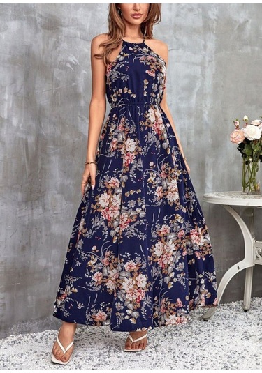 Kadın Açık Omuz Halter Yaka Beli Lastikli Büzgü Detay Önden Yırtmaçlı Çiçek Desenli Süprem Elbise Lacivert
