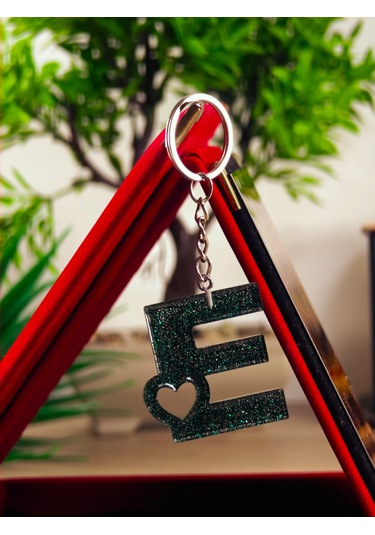 Harfli Anahtarlık Epoksi Kişiye Özel Yapım El Yapımı Harf Anahtarlık Kalp Model Özel Tasarım Hediyelik Ürün Kalp Desenli Simli Anahtarlık Altın - Kırmızı