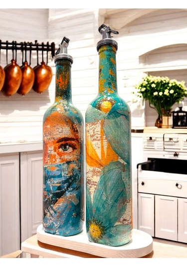 El Yapımı Soyut Kadın Portresi Ve Çiçek Motifli Vintage Yağdanlık Set, Mutfak Sosluk, Sirkelik Yeşil