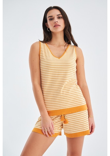 Peraluna Paru Top & Shorts Pamuklu Yazlık Kadın Triko Şort Takım Bej-Turuncu Bej - Turuncu