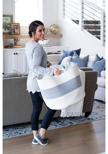 3lü Jüt Pamuklu Sepet, Bebek Eşya Toplama Sepeti, Battaniye Sepeti Oyuncak Sepeti, Yastık Sepeti Gribeyaz