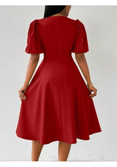 Kadın Kısa Balon Kollu Bisiklet Yaka Kiloş Janjan Krep Elbise Bordo