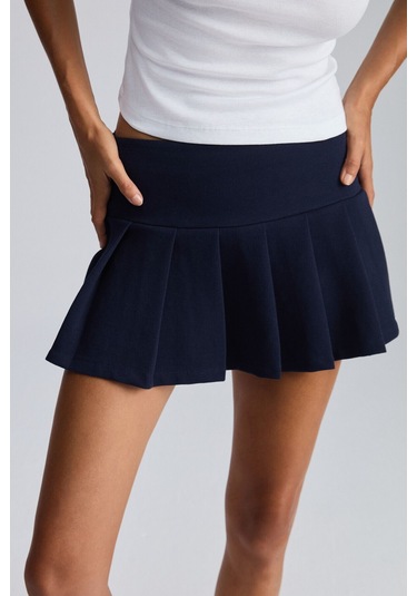 GRIMELANGE Jovıta Kadın Scuba Kumaşlı Pileli Mini Tenis Lacivert Etek Lacivert