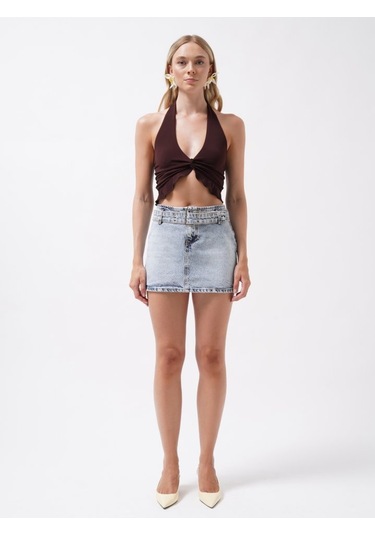 Kemer Detay Denim Mini Etek Açık Mavi