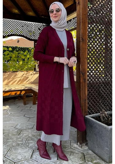 Dama Desenli Triko Hırka Bordo Çok Renkli