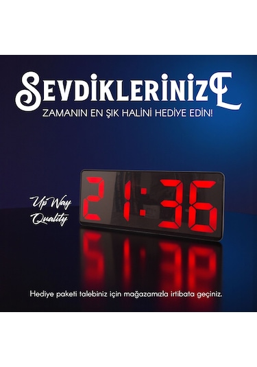 Upway Kırmızı Led Dijital Masa Saati Aynalı Şık Çift Alarm Sıcaklık Tarih Kırmızı - Siyah