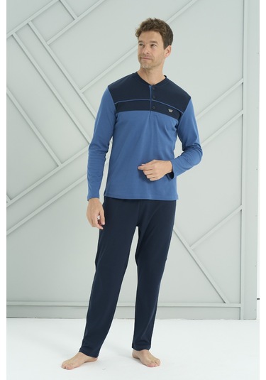 Erkek Interlok Penye Uzun Kol Pijama Takımı 2213 Saks Saks Mavi